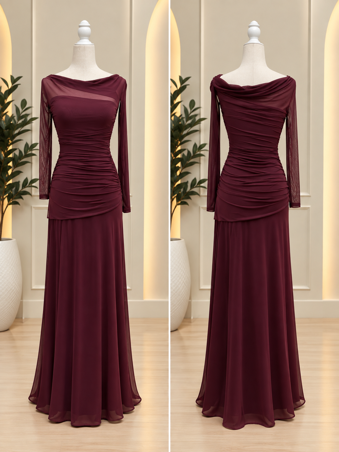 Burgundy Mesh Ruche Long Sleeve Maxi Dress