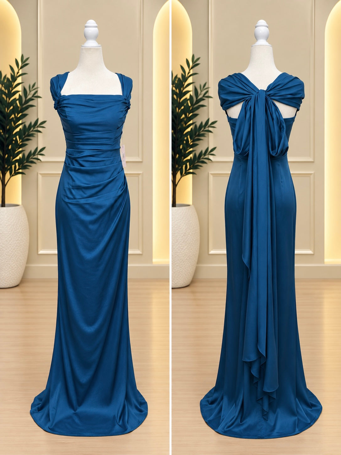 Deep Teal Convertible Strapless Satin Gown with Draped Shoulder Wrap
