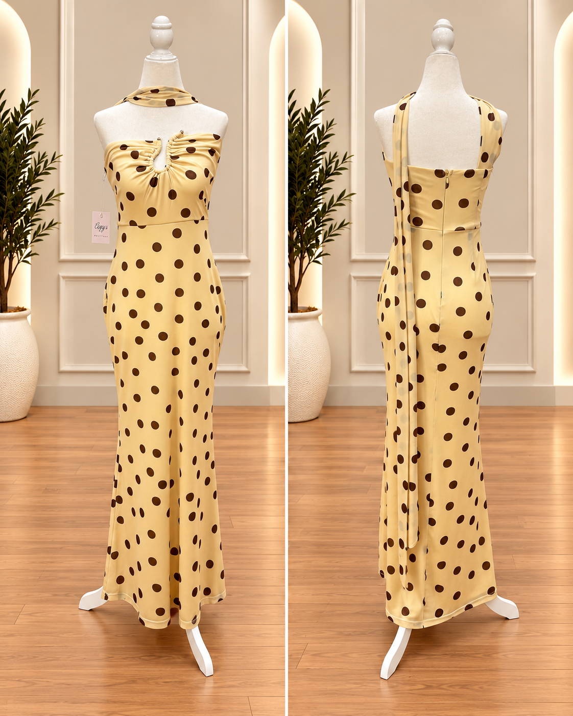 Butter Cream Dot Ruched Halter Maxi Dress