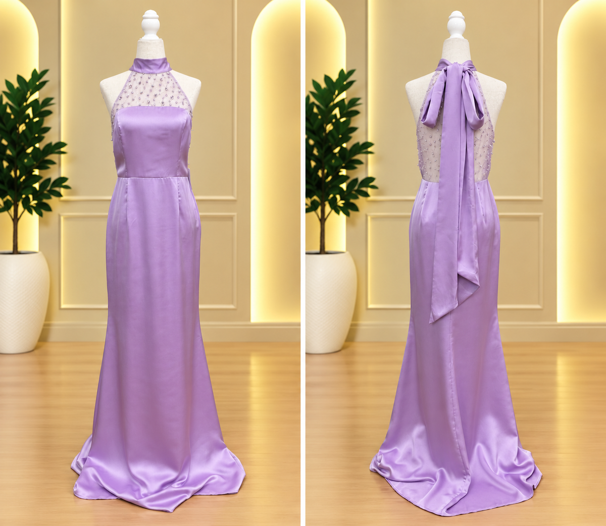Lavander Beaded Halter Satin Gown