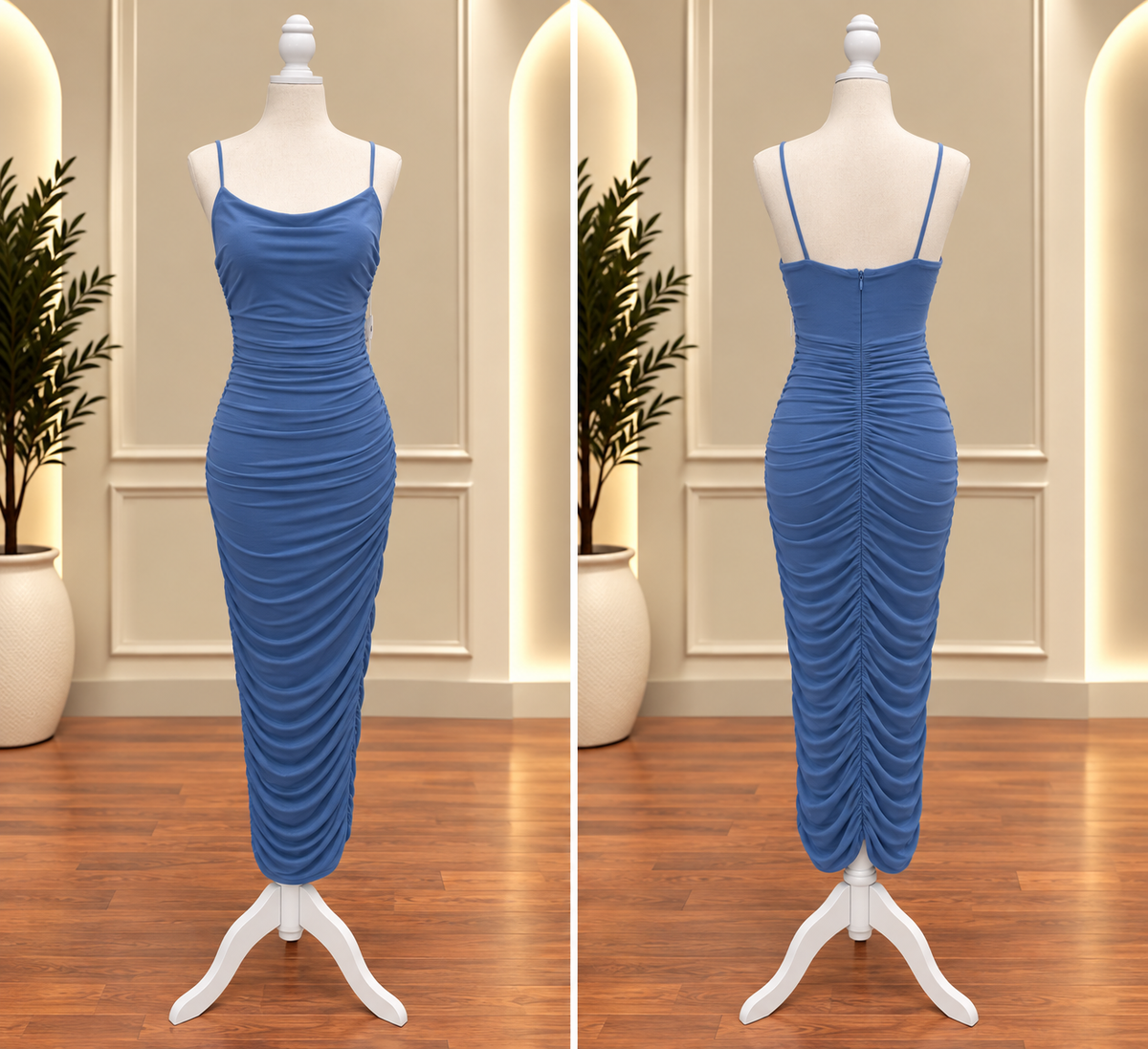Blue Allure Ruched Bodycon Midi Dress