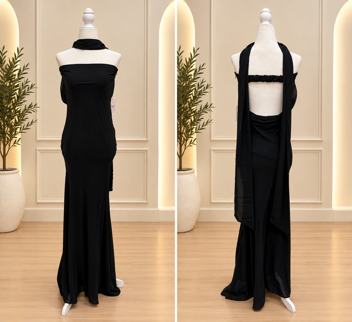 Black strapless open back long elegant