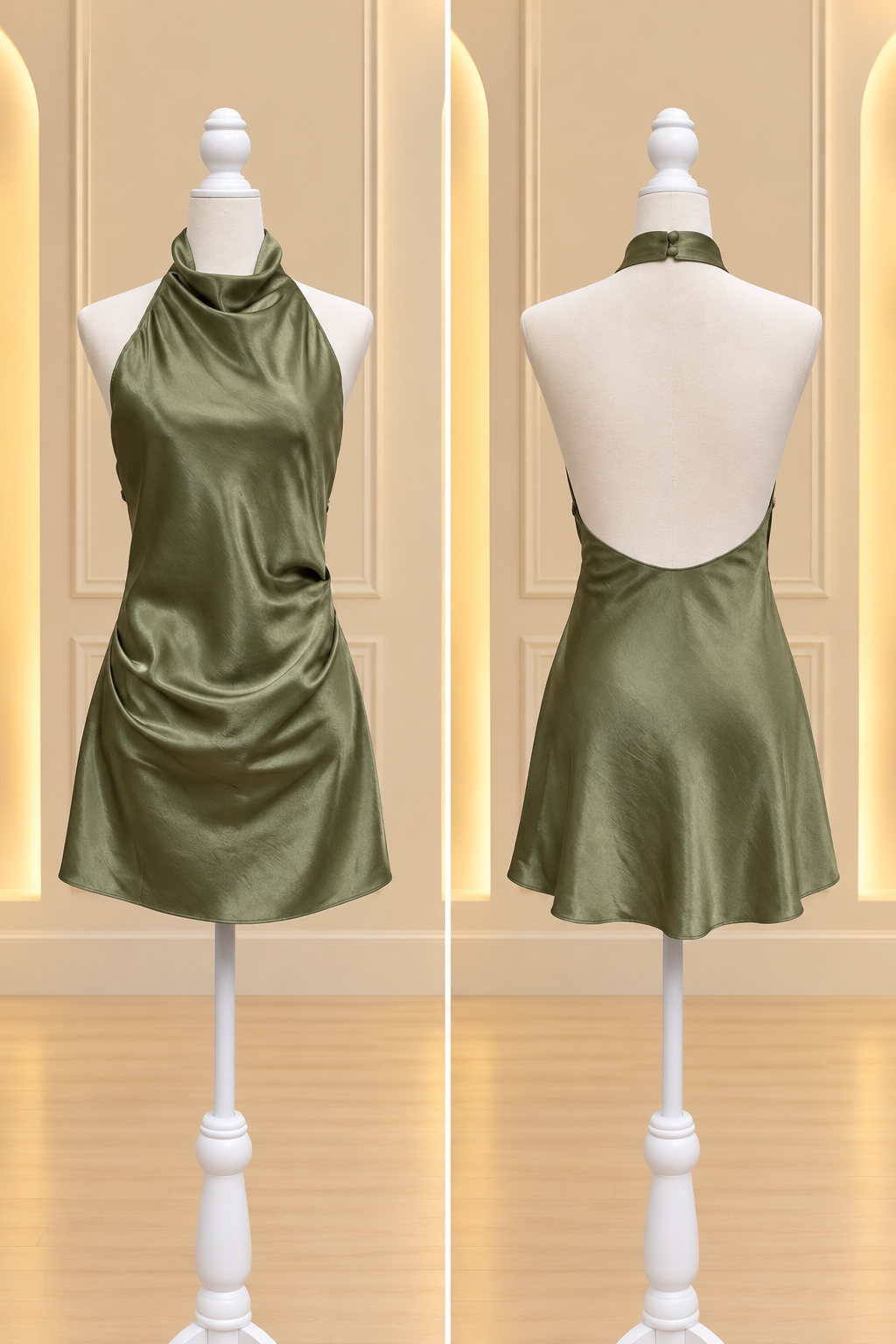 Olive Satin Open-Back Halter Mini Dress