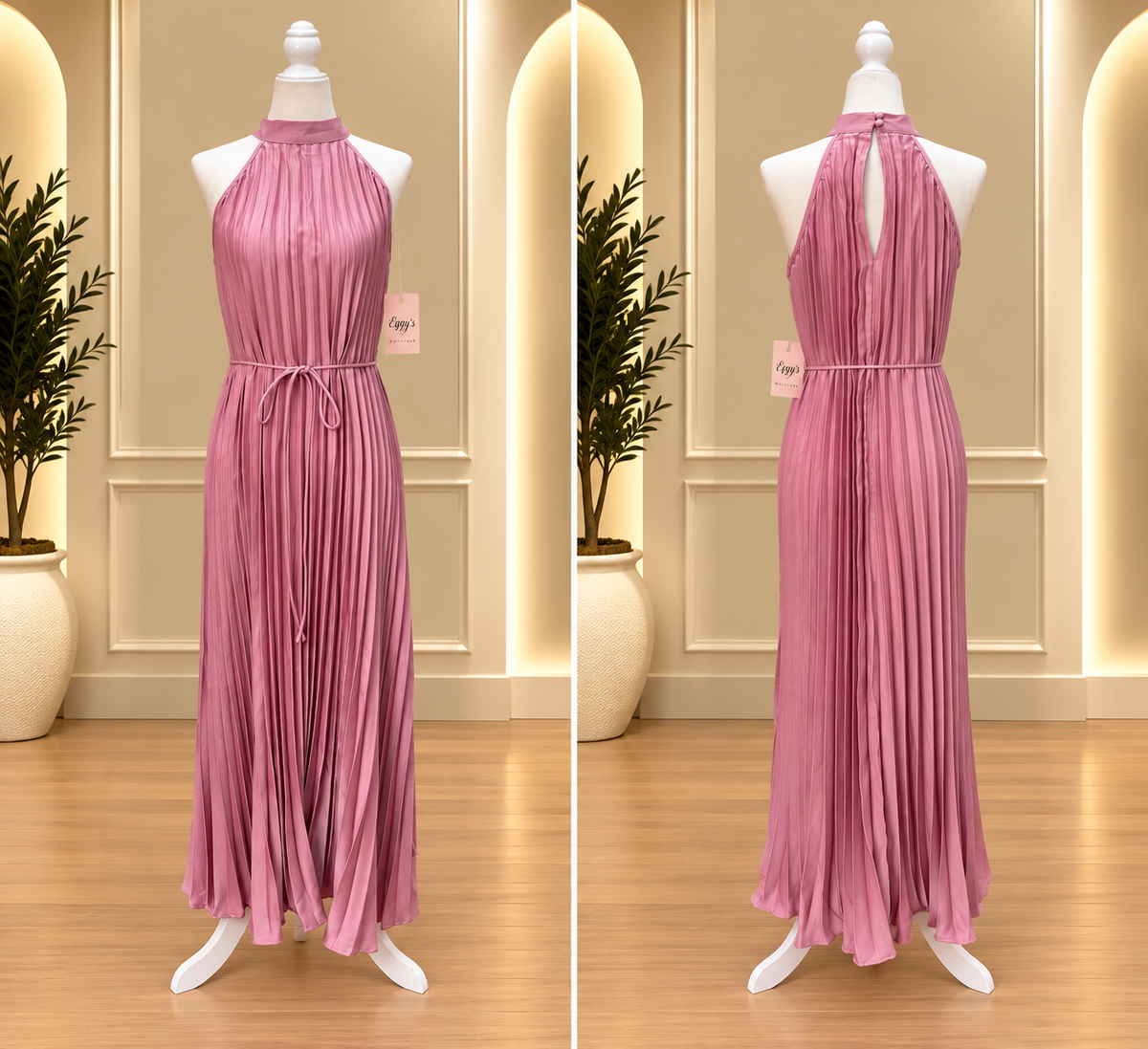 Rose Reverie Pleated Halter Maxi Dress
