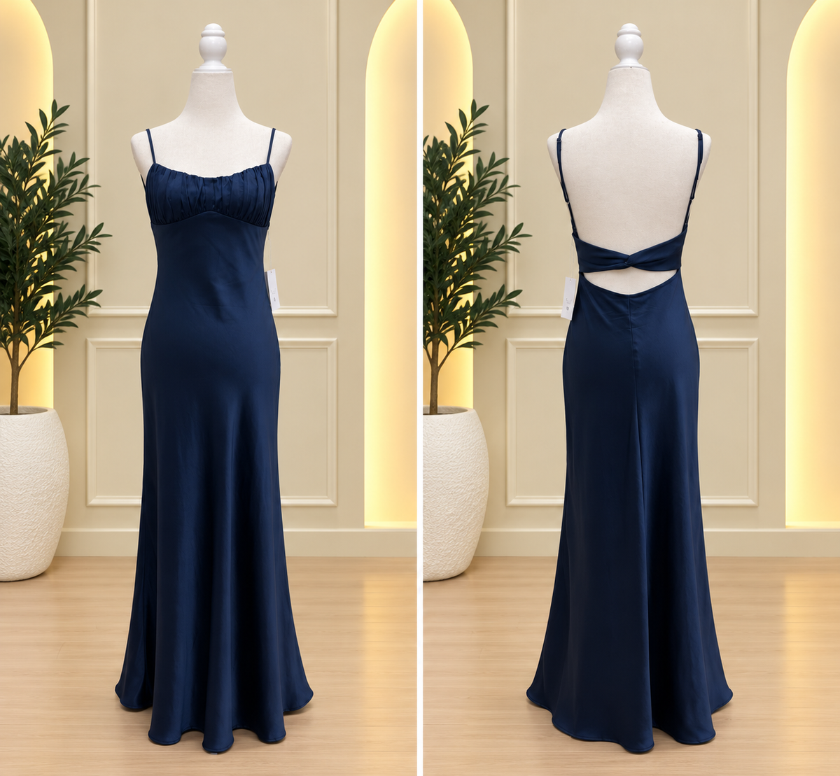 Navy Blue Satin Ruched Bust Open-Back Elegant Dress