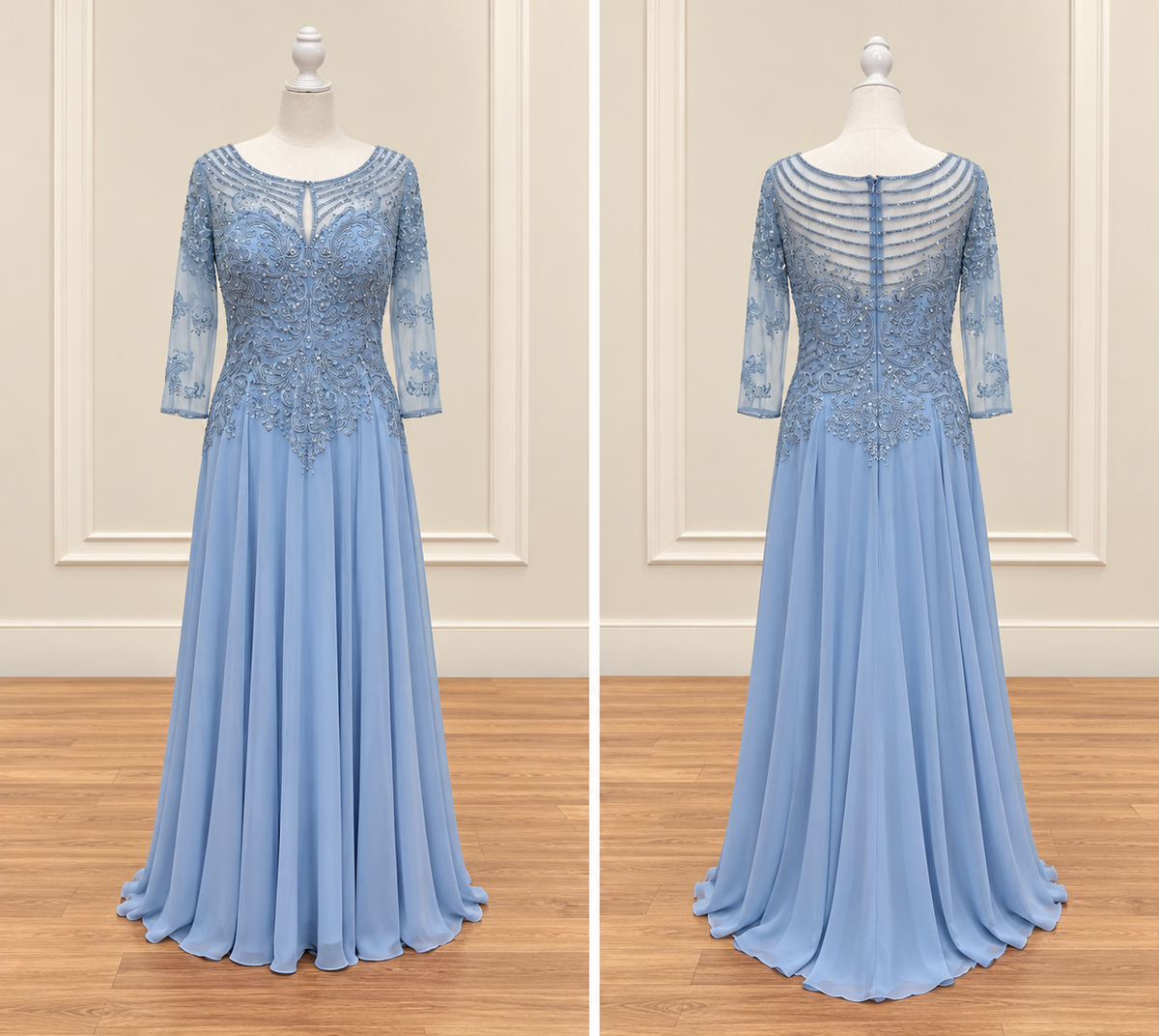 Dusty Blue Beaded Lace Illusion A-Line Gown
