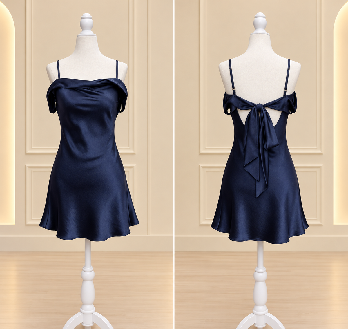 satin navy dark blue dress, off shoulder bow designed back