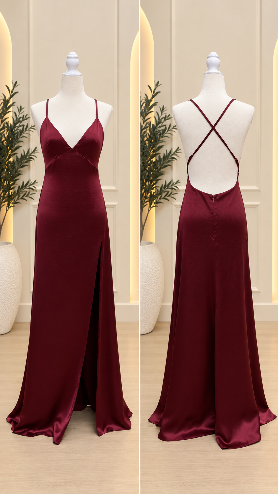 Wine Satin Open-Back Maxi Dress