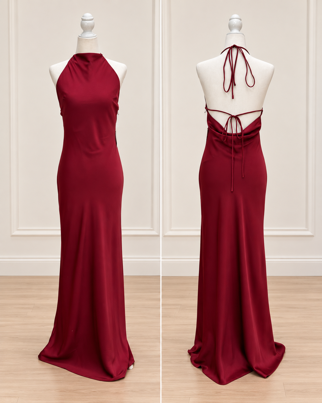 Burgundy High-Neck Halter Open-Back Satin Maxi Dress