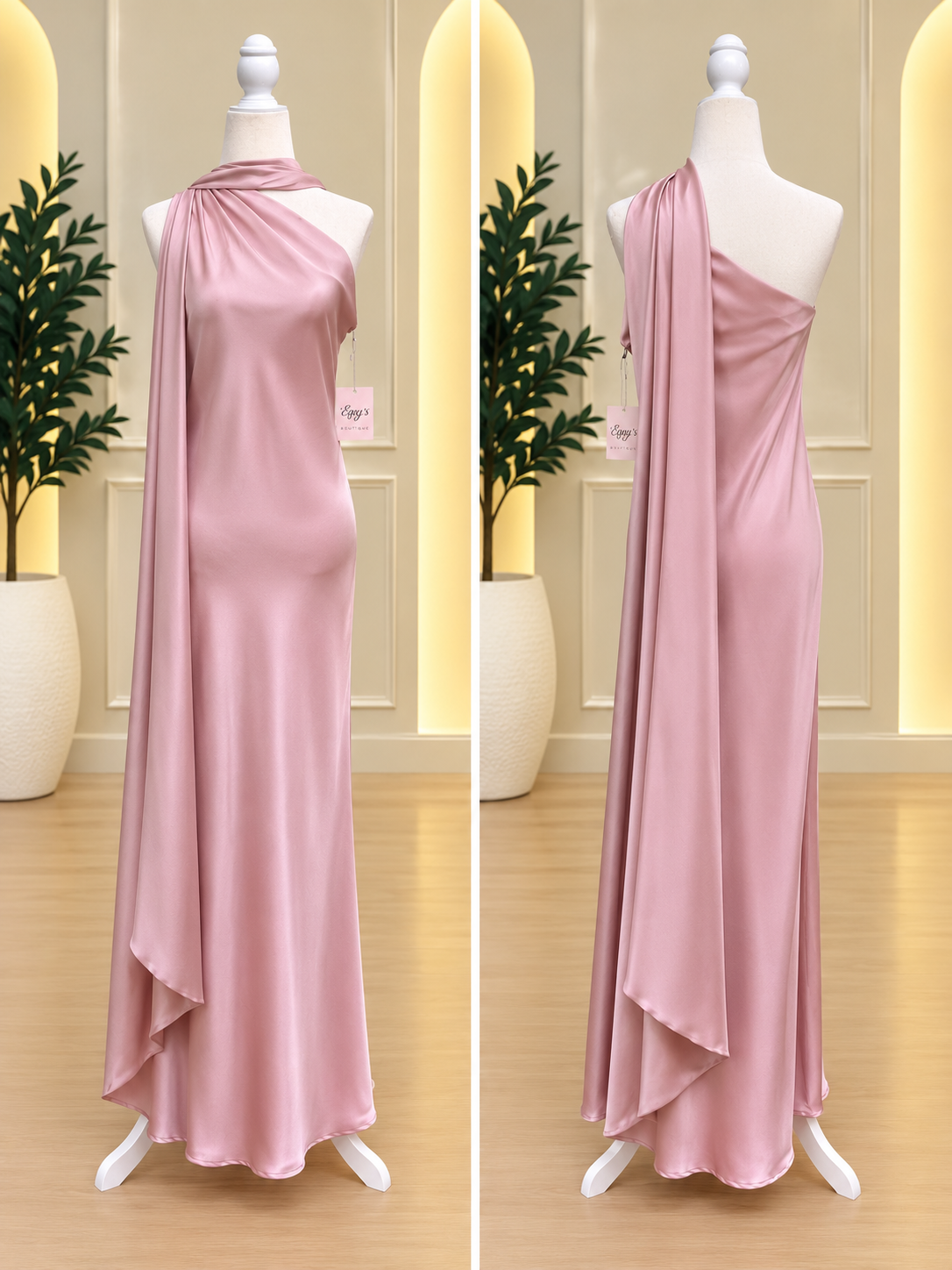 Blushing Muse One-Shoulder Satin Maxi Dress