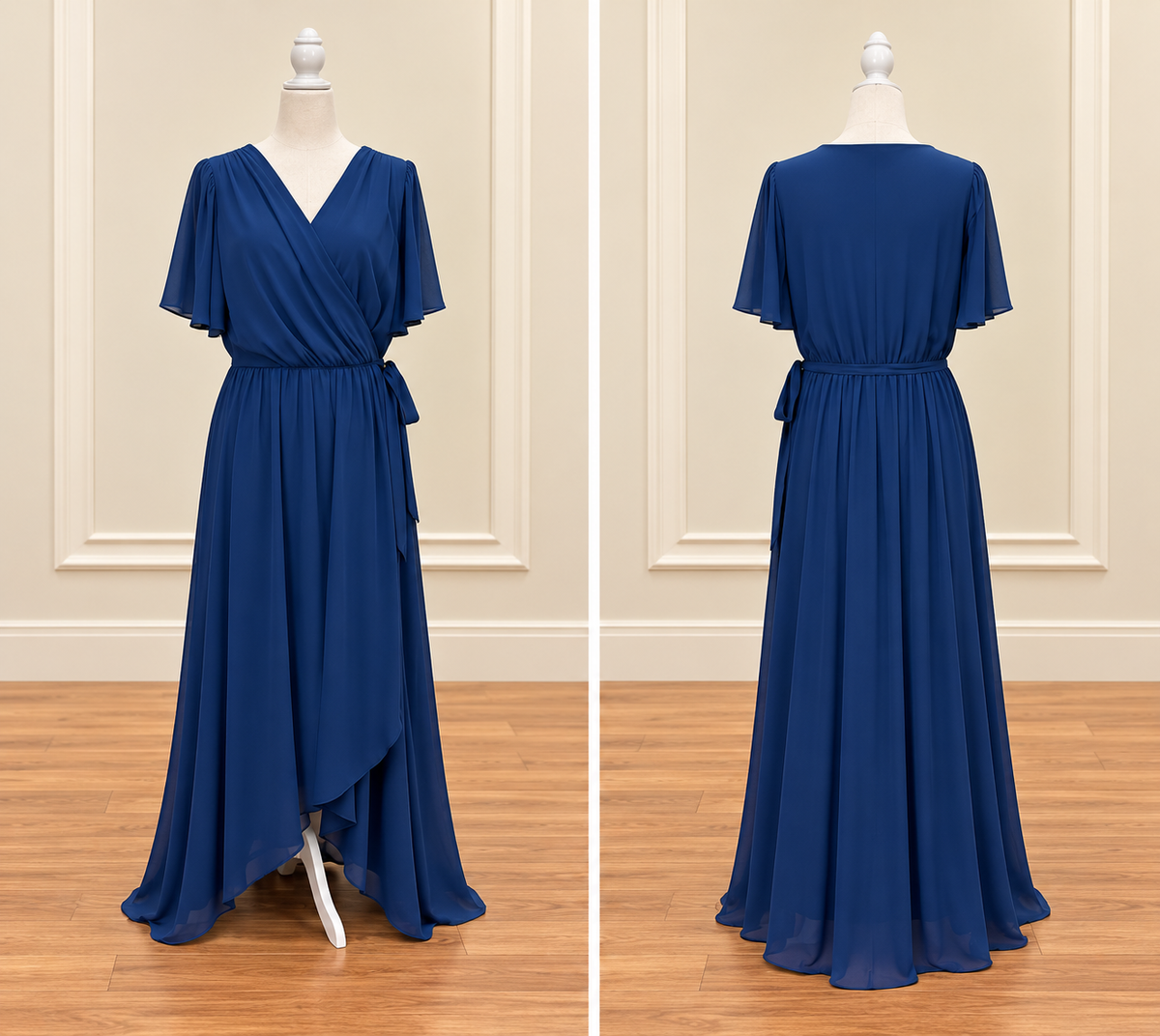 Royal Blue Chiffon Flutter Sleeve Wrap-Style Maxi Dress