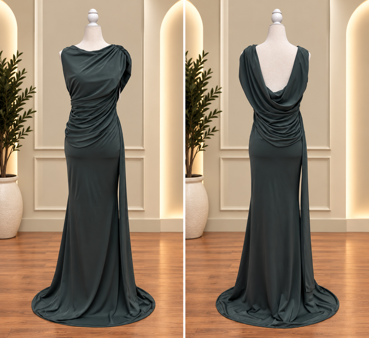 Charcoal Draped Open-Back Maxi Dress