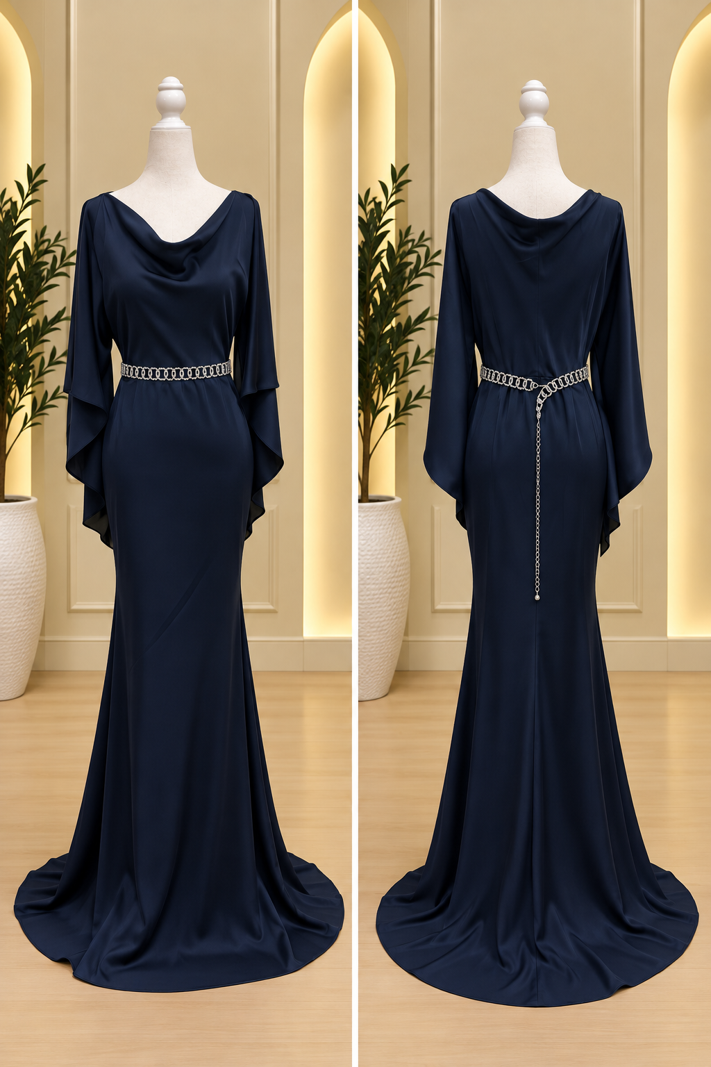 Midnight Elegance Satin Cowl Neck Maxi Dress