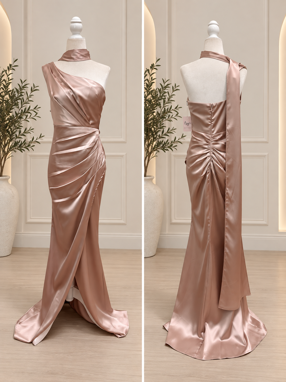 Champagne Satin One-Shoulder Ruched Maxi Dress