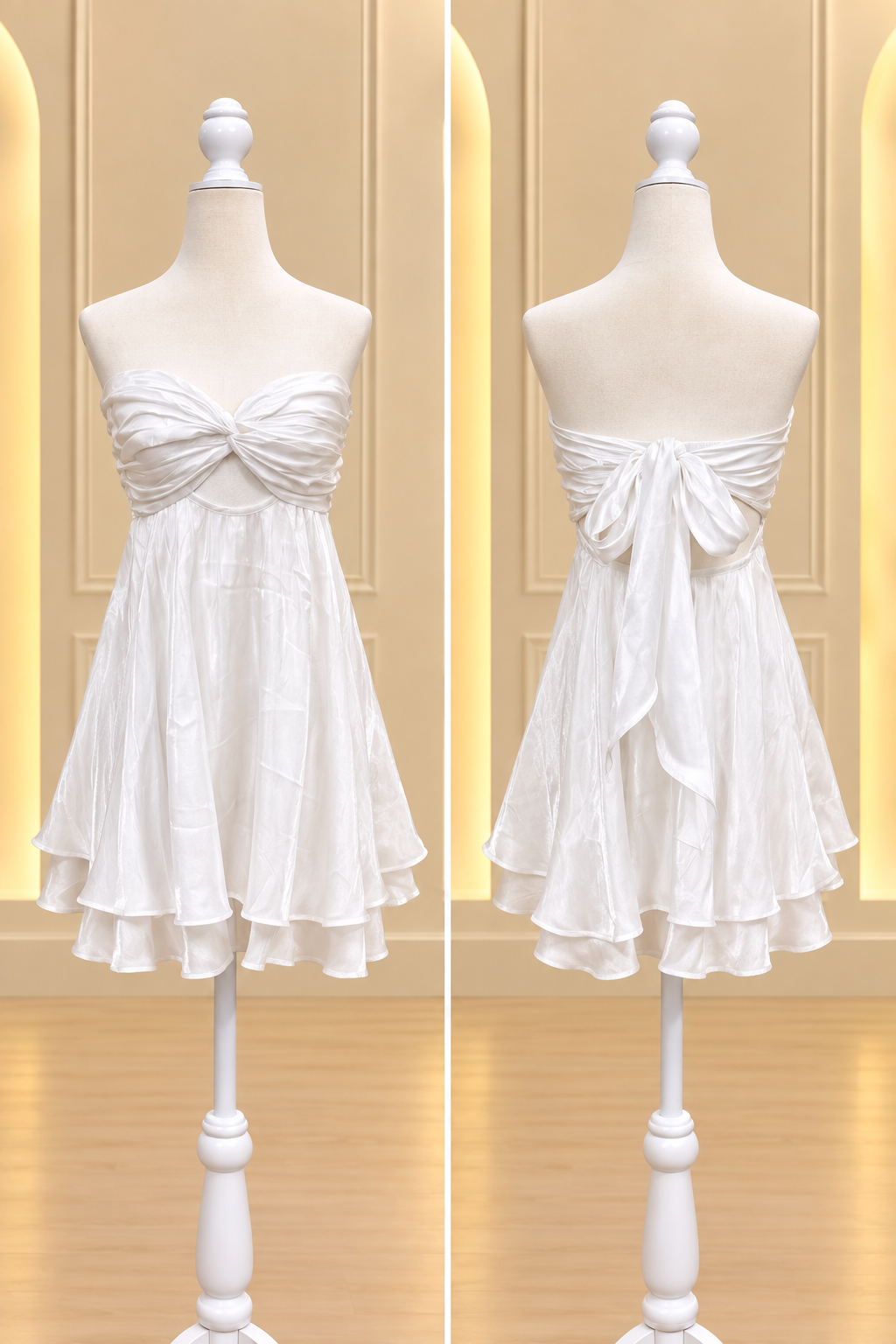 Ivory Twist-Front Tie-Back Mini Dress