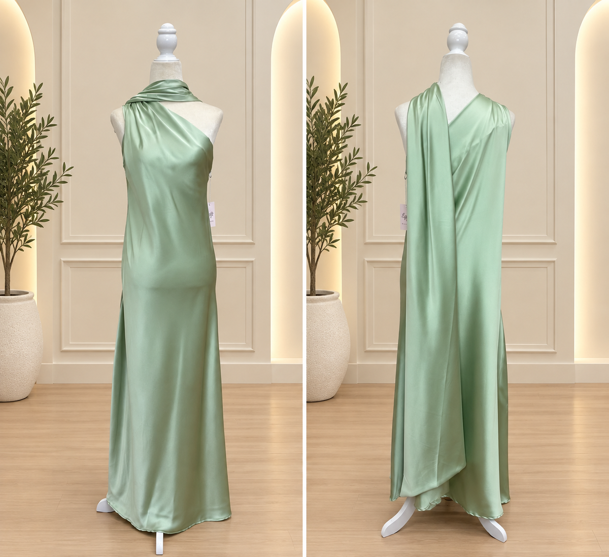 satin pistachio beautiful long elegant dress.