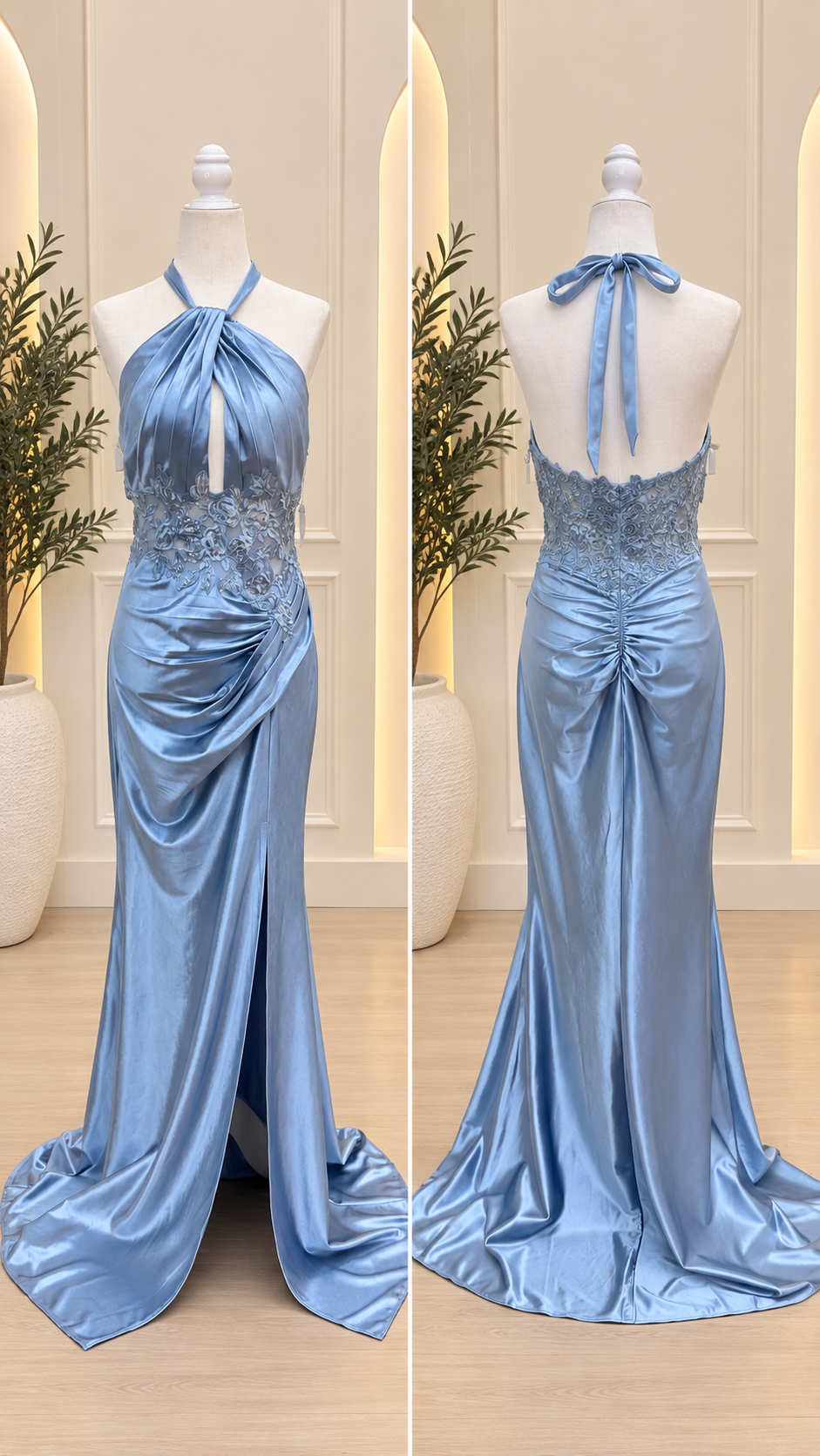 Dusty Blue Satin Halter Gown