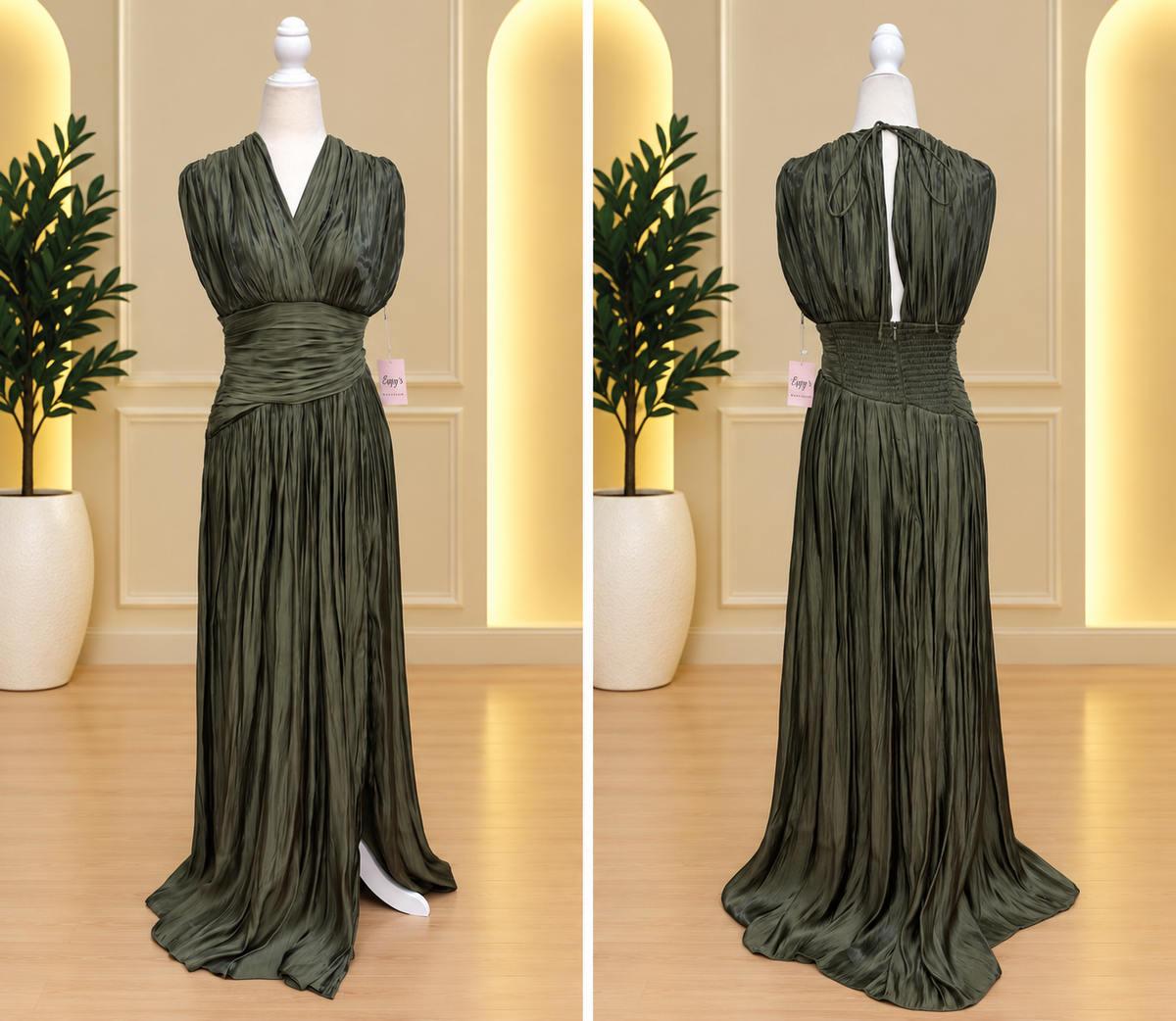 Olive Green Pleated V-Neck Gown