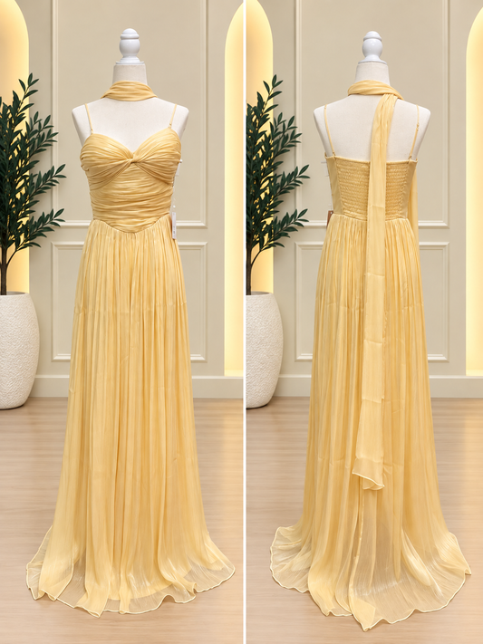 Butter Yellow Ruched Chiffon Maxi Dress with Scarf