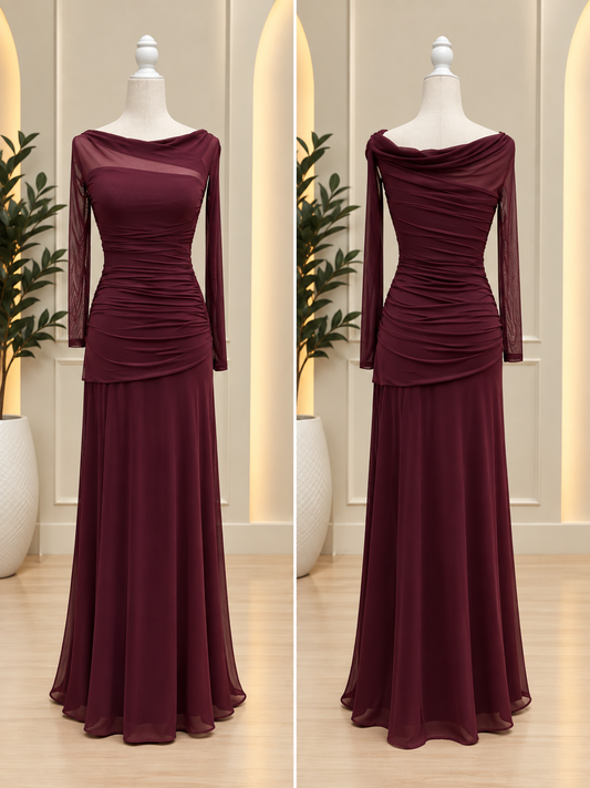 Burgundy Mesh Ruche Long Sleeve Maxi Dress