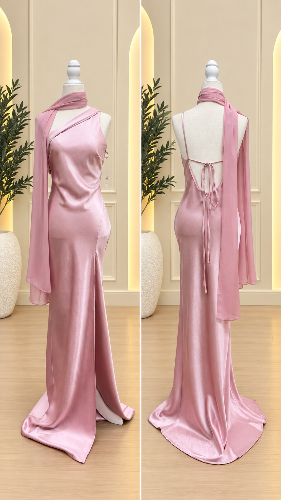 Rose Satin Backless Maxi Dress with Scarf