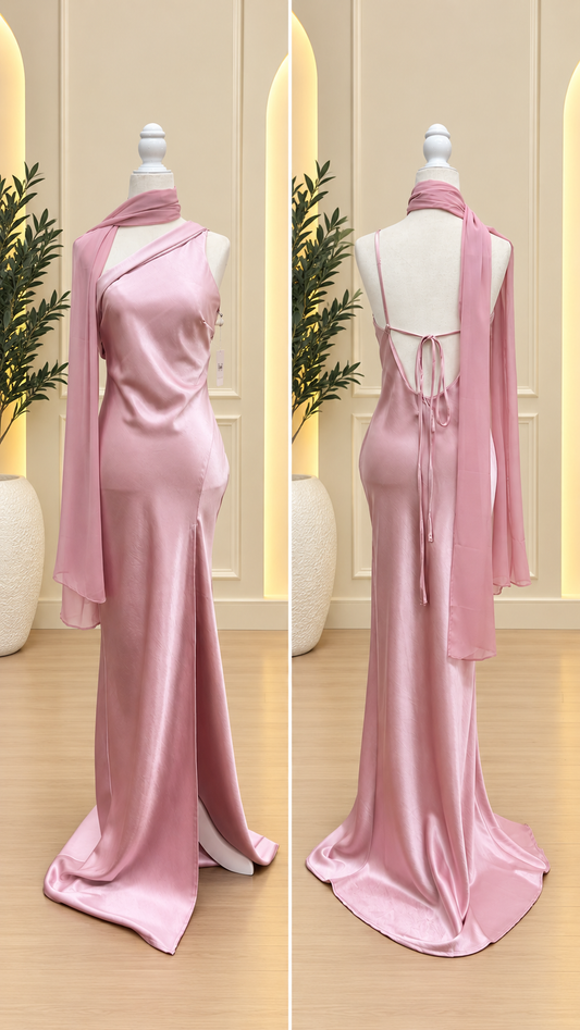 Rose Satin Backless Maxi Dress with Scarf