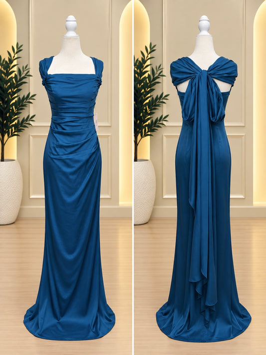 Deep Teal Convertible Strapless Satin Gown with Draped Shoulder Wrap