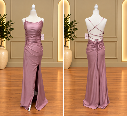 Rosé Amour Ruche Lace-Up Maxi Dress