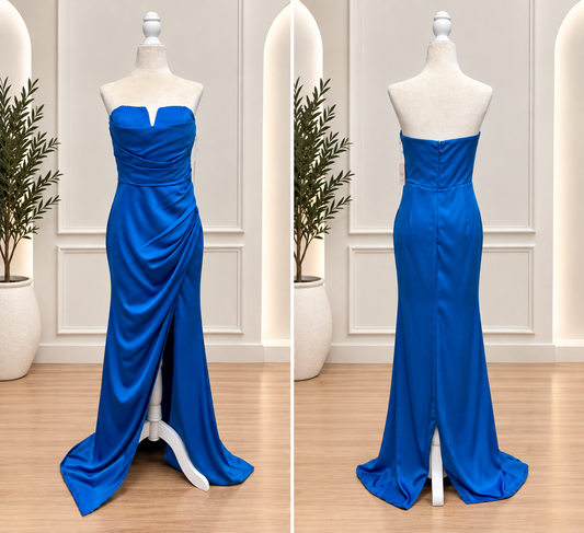 Royal Blue Satin Strapless Ruched Maxi Dress