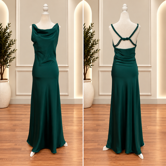 Emerald Twist Cowl Neck Maxi Dress