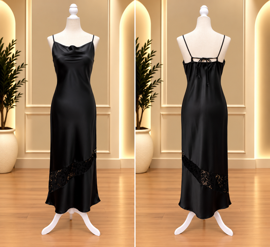 Midnight Lace Cowl Neck Maxi Dress
