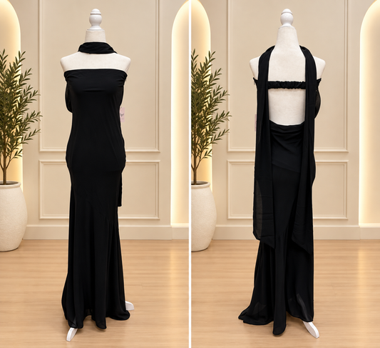 Black strapless open back long elegant