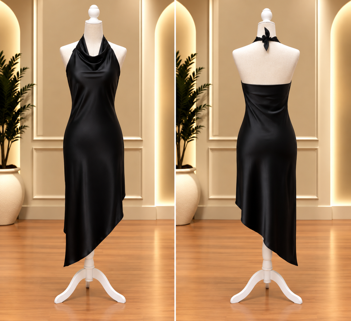 Midnight Muse Halter Satin Midi Dress