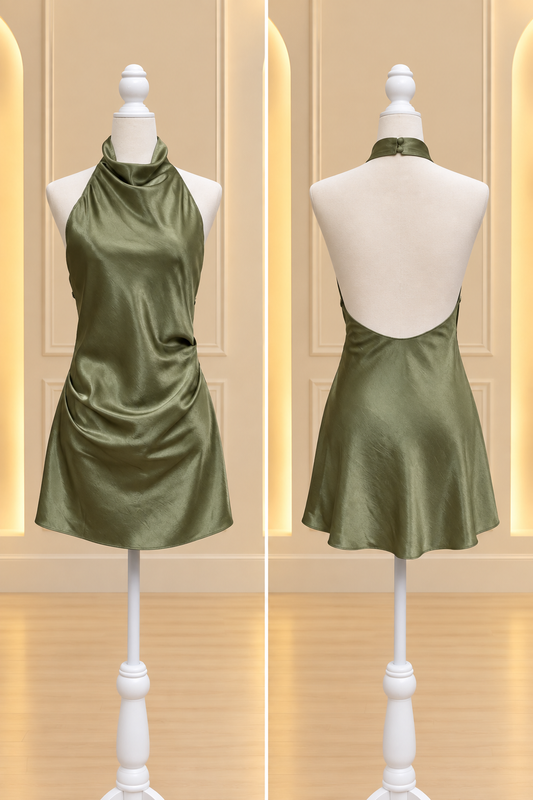 Olive Satin Open-Back Halter Mini Dress