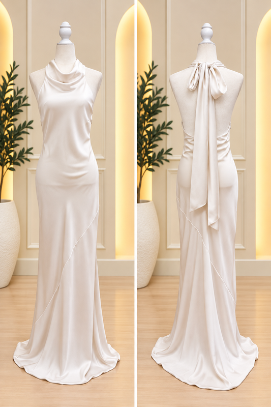 Ivory Satin Cowl-Neck Halter Maxi Dress