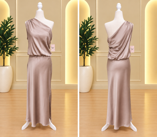 Champagne Satin One-Shoulder Blouson Maxi Dress