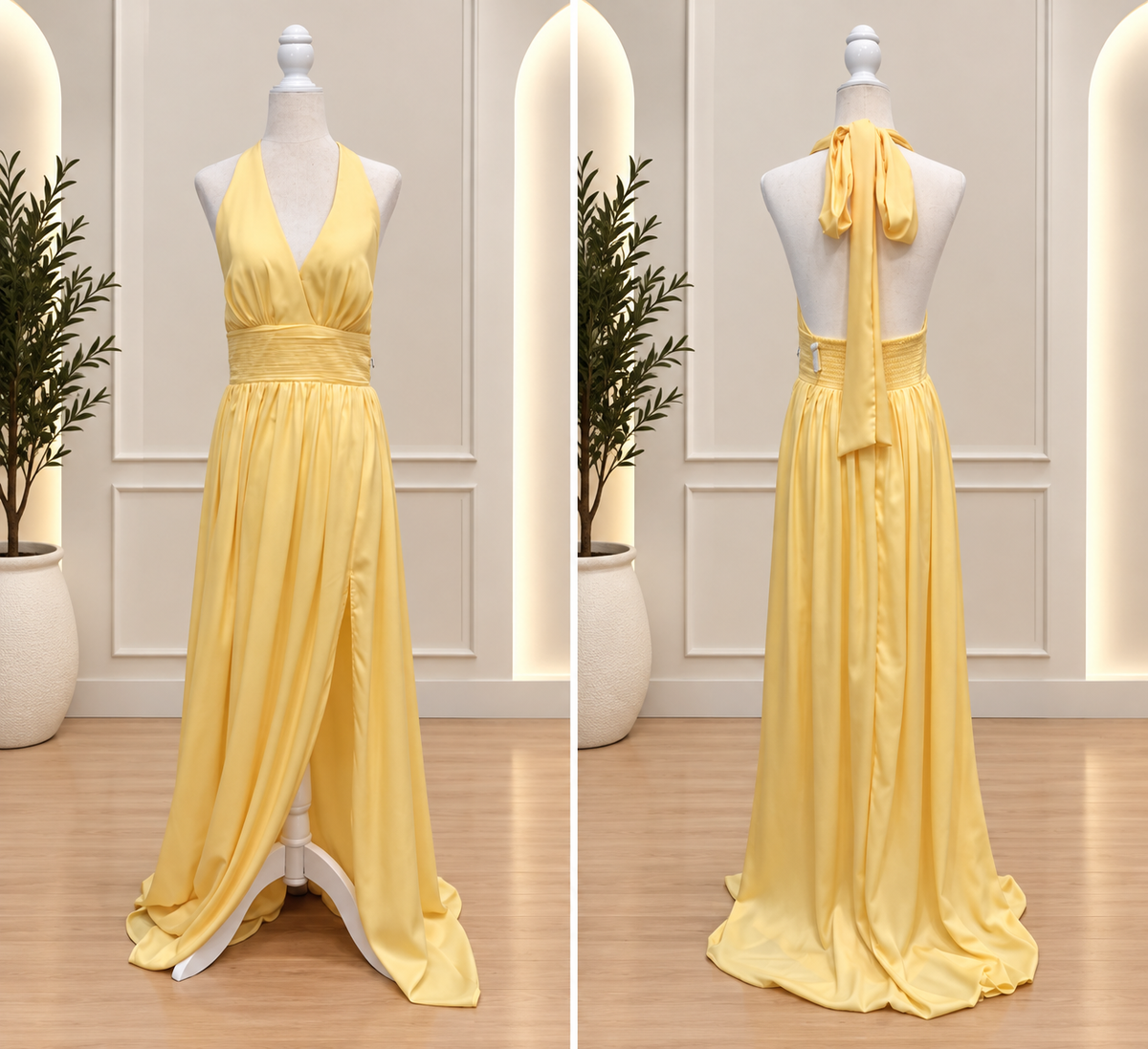 Yellow Halter Maxi Dress with Front Slit