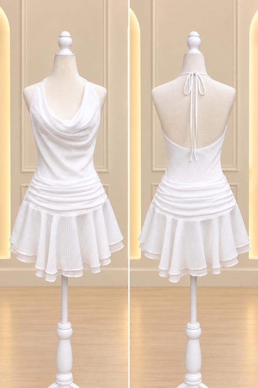 Ivory Halter Cowl Neck Ruffle Mini Dress