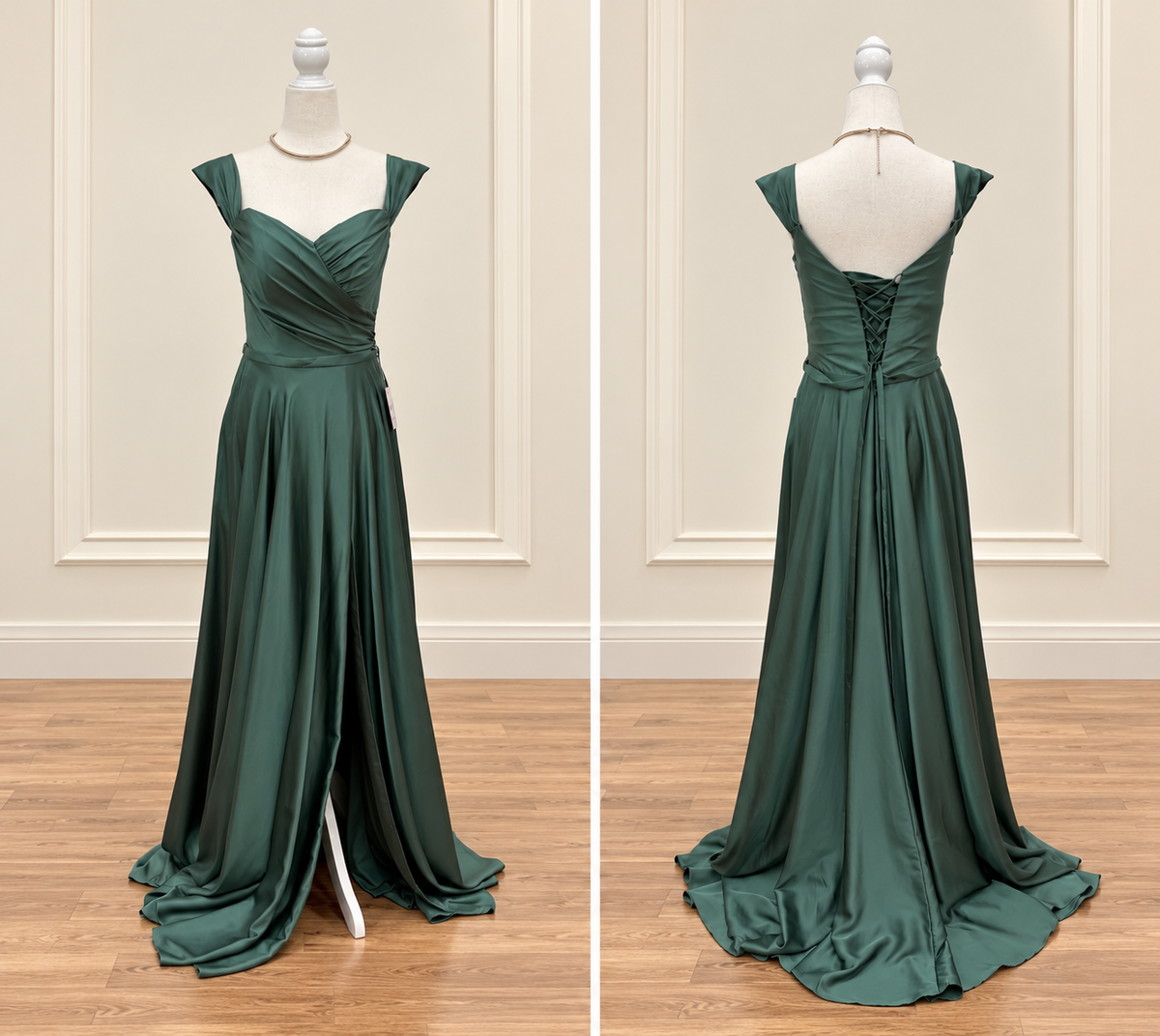 Draped Lace-Up Satin Maxi Dress