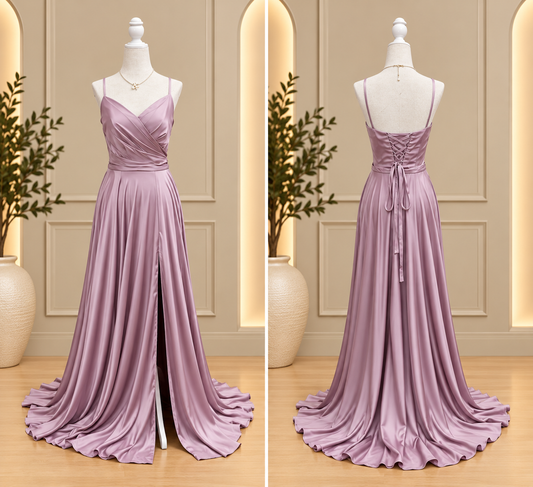 Mauve Draped Lace-Up Satin Maxi Dress