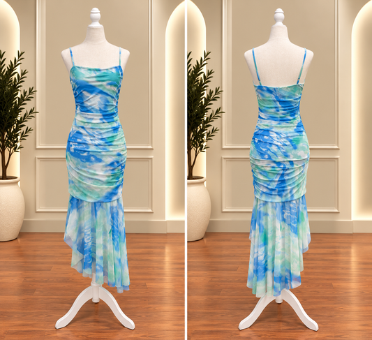 Tie-Dye Ruched Mesh Maxi Dress