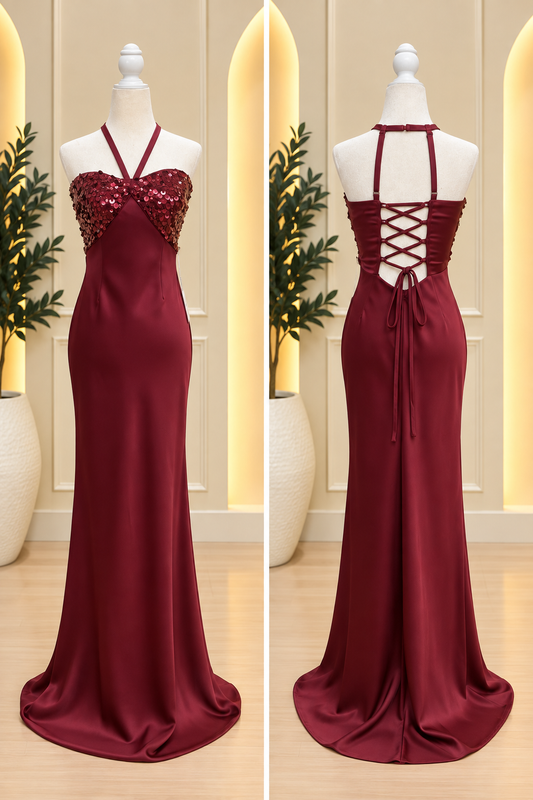 Burgundy Sequin Bustier Halter Maxi Dress