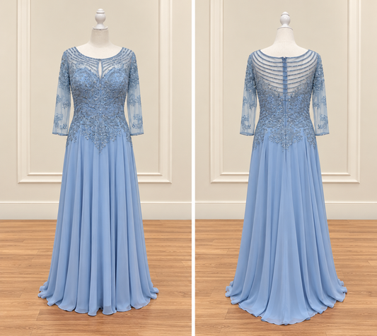 Dusty Blue Beaded Lace Illusion A-Line Gown