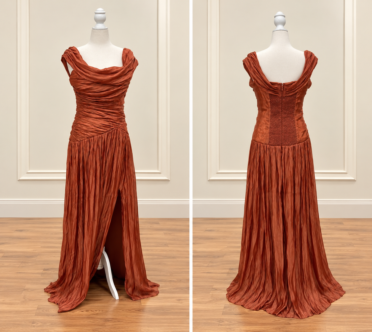 Burnt Sienna Ruche Cowl Neck Crinkle Maxi Dress