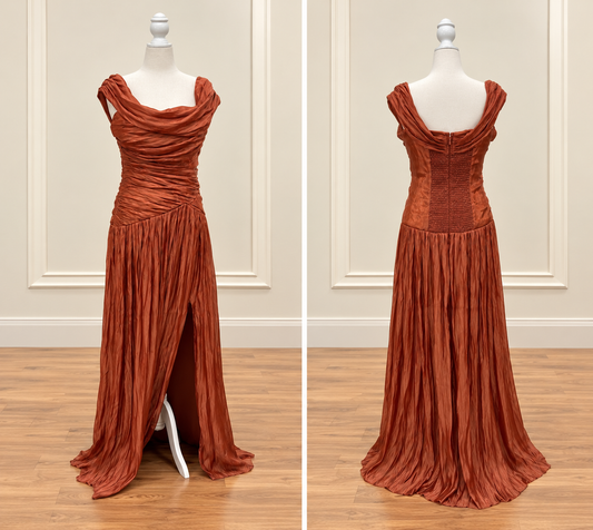 Burnt Sienna Ruche Cowl Neck Crinkle Maxi Dress