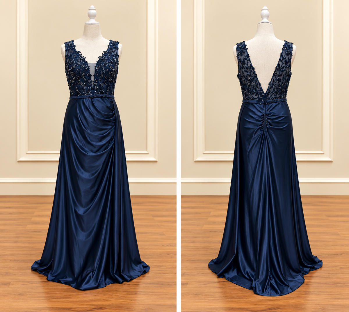 Midnight Navy Beaded Floral Lace Draped Satin Gown