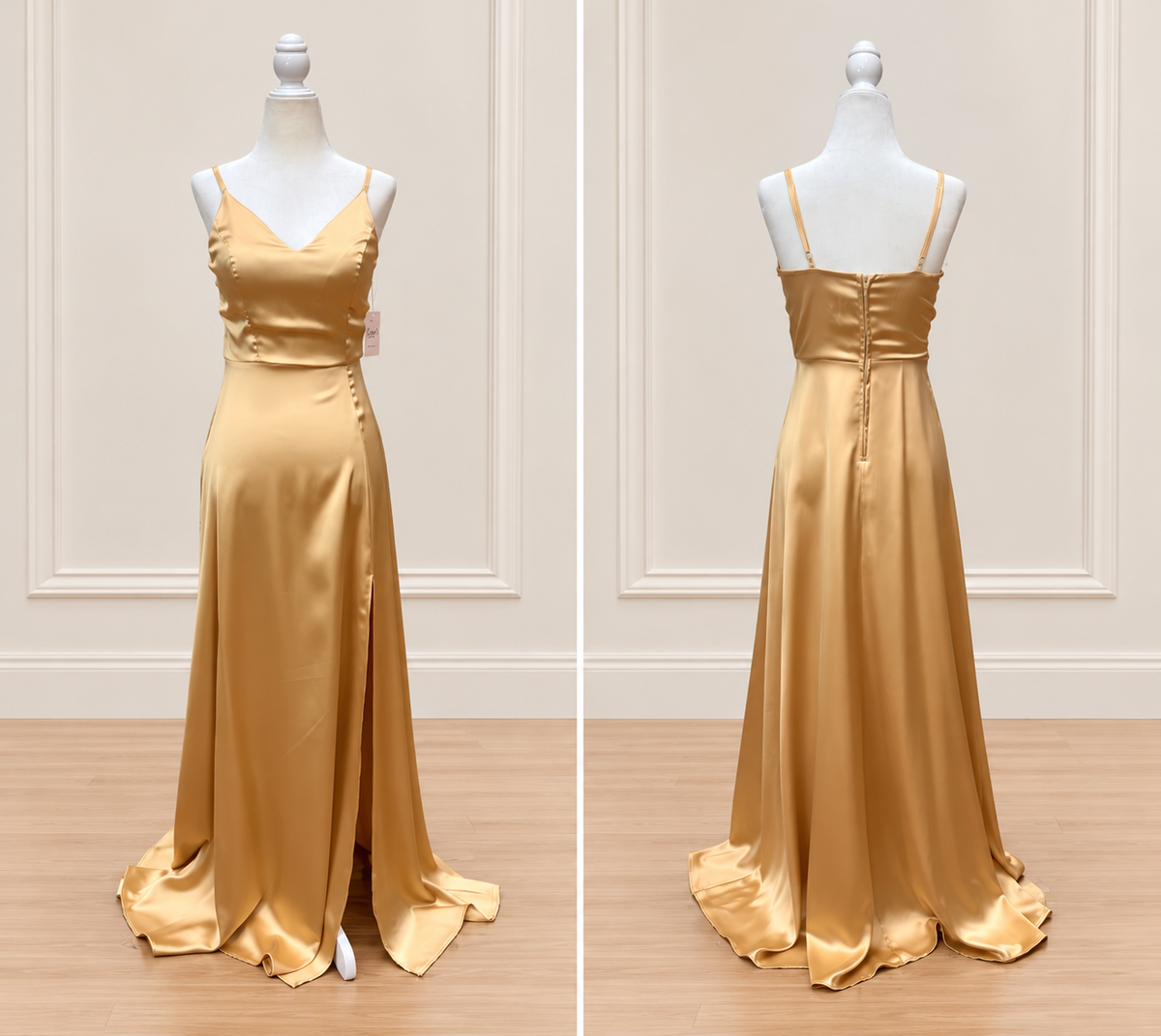 Antique Gold V-Neck Satin A-Line Maxi Dress