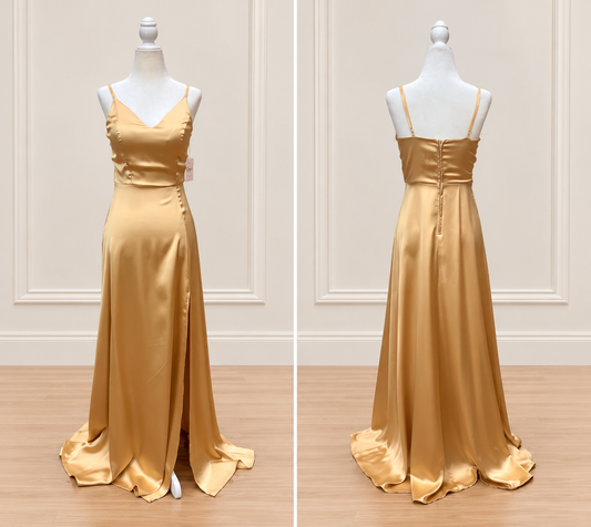 Antique Gold V-Neck Satin A-Line Maxi Dress