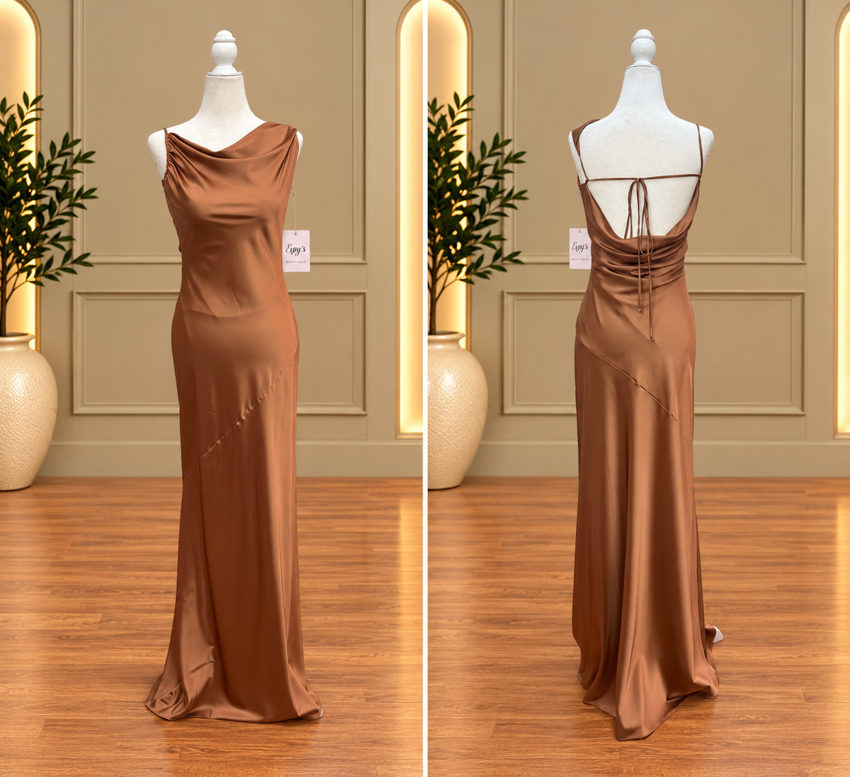 Copper Bronze Cowl Neck Open-Back Satin Maxi Dress
