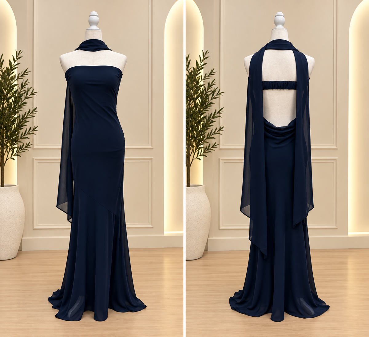 Navy blue strapless open back long elegant dress